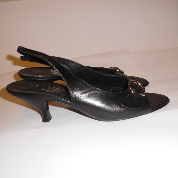 Salvatore Ferragamo Black Leather Kitten Heels Buckle Gancini Sandals Shoes - Picture 5 of 15